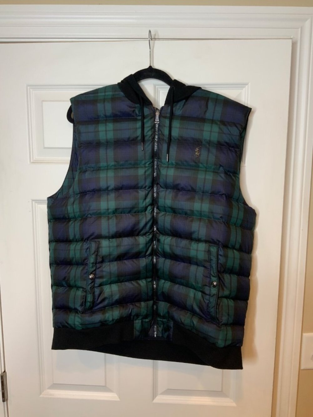 Polo Ralph Lauren Performance Men's Black Blue Green Plaid Hooded Vest, Size XL